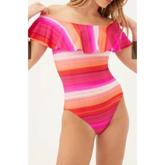 NEW Trina Turk Womens Pink Striped Ruffles Off Shoulder Swimsuit $184 Size 10 - Picture 3 of 15